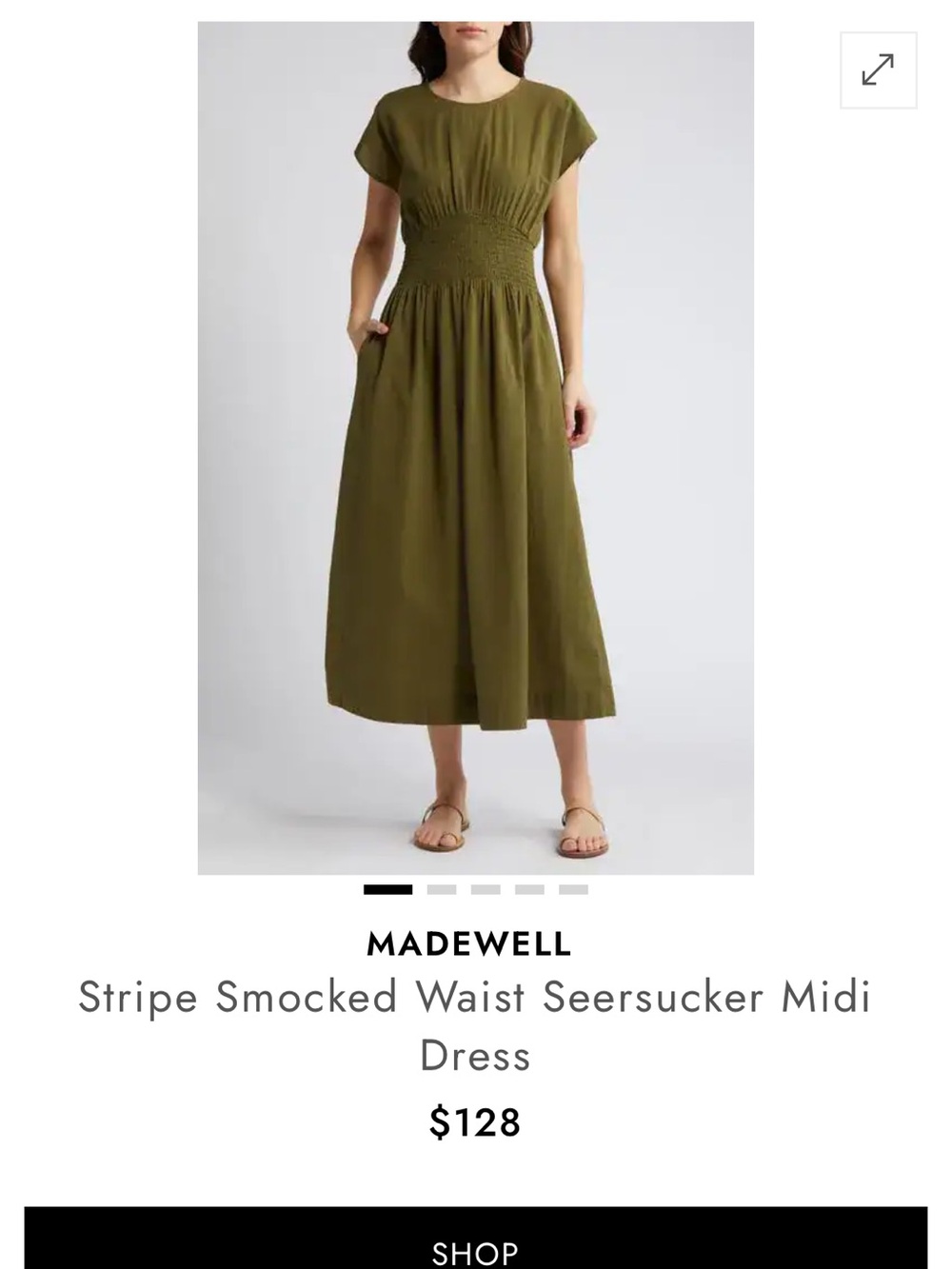 Madewell Olive Smocked-Waist Seersucker Midi Dress